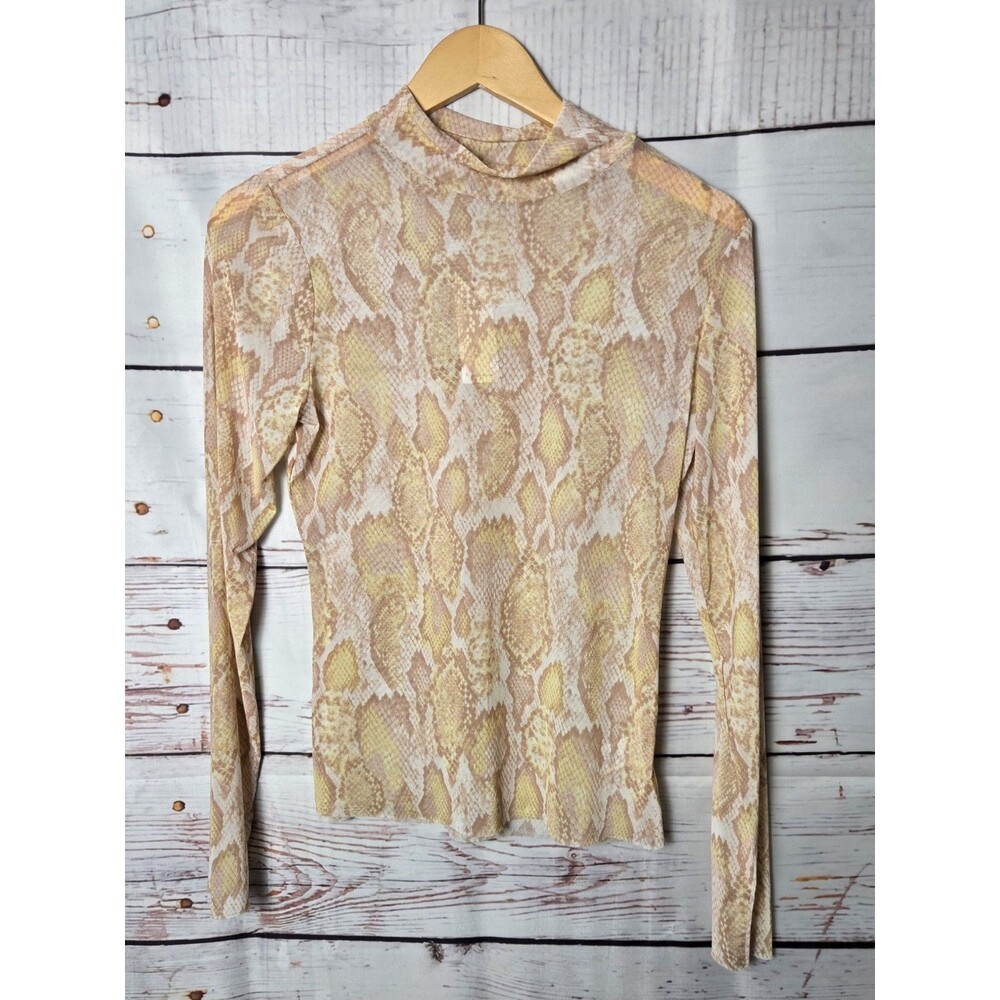 AFRM Womens Top Large Beige Snakeskin Sheer Long Sleeve Mesh Mock Neck Python